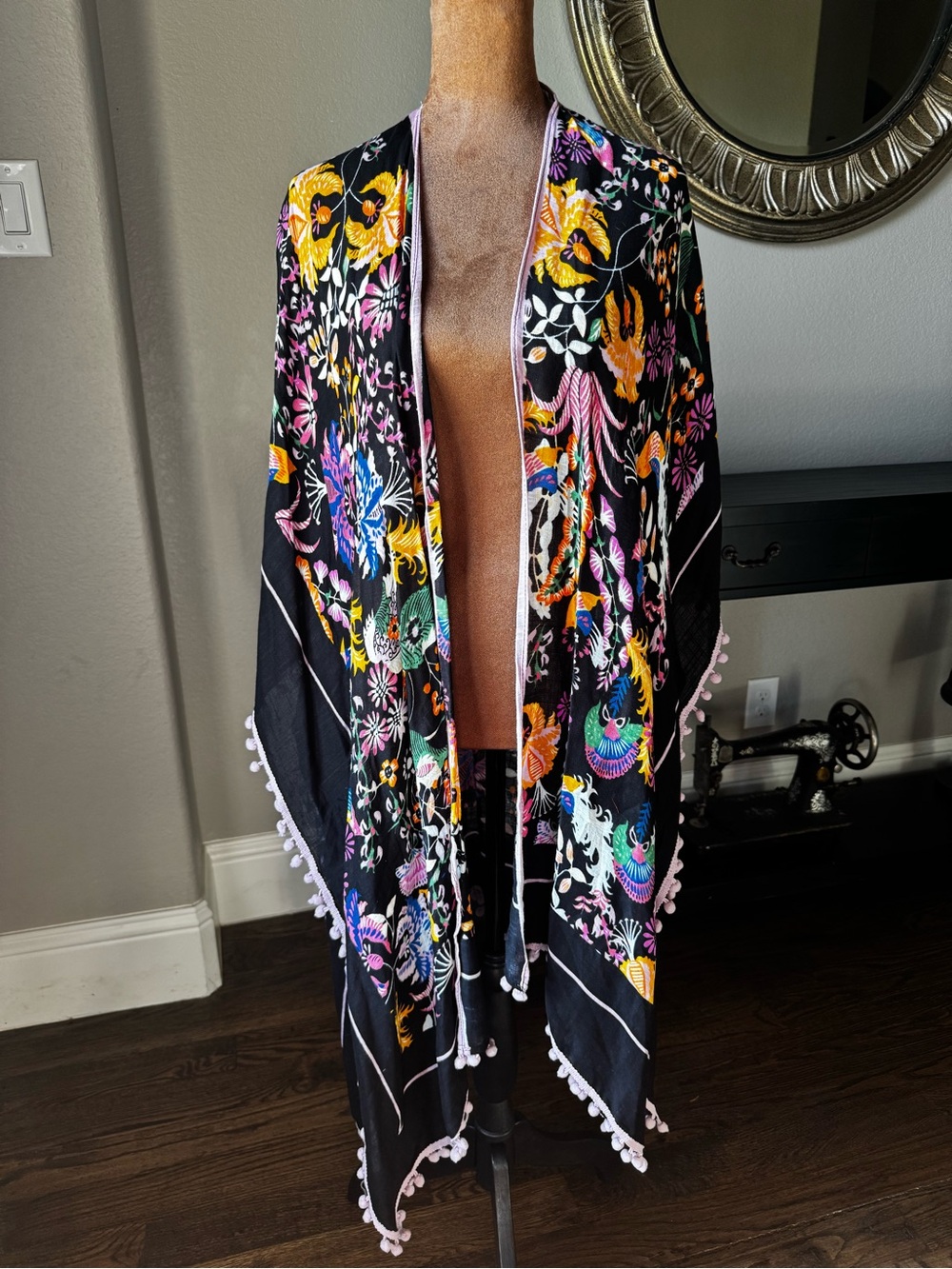 Shiraleah Black Floral Kimono with Pink PomPom trim